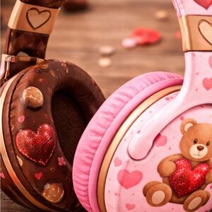 Charming Pink and Brown Over-Ear Headphones with Heart Design